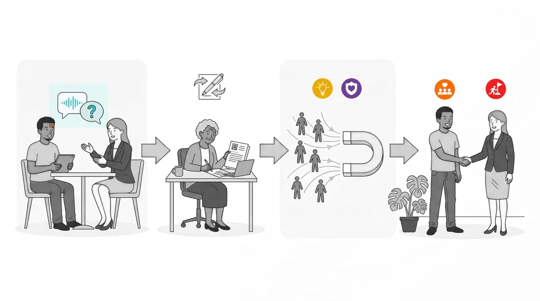 求人の入口から見極めまで一気通貫で支援するフローのイラスト